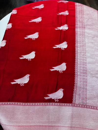 Cherry red saree with stitched tonal blouse