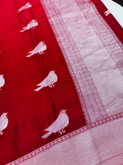 Cherry red saree with stitched tonal blouse