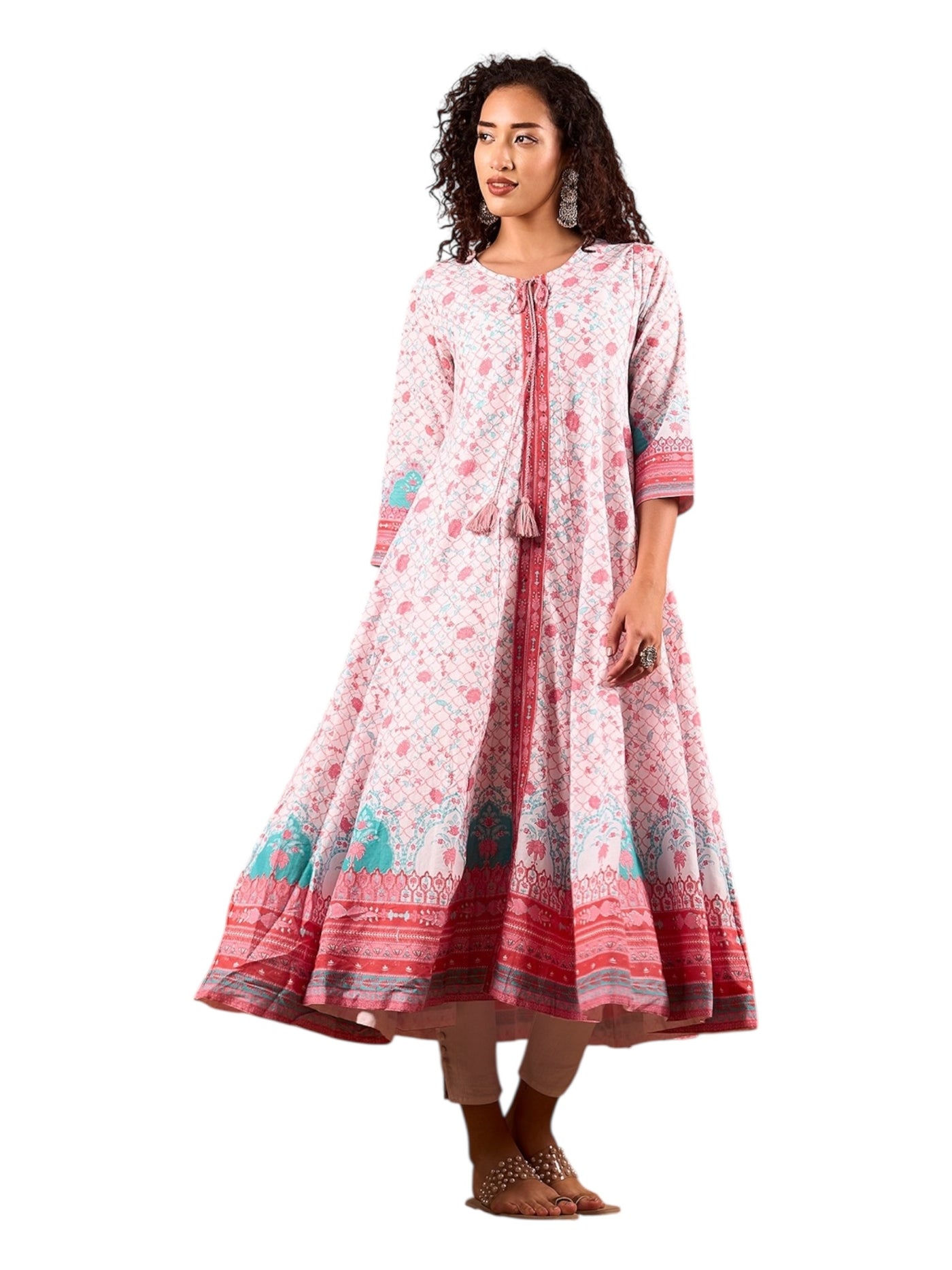 Pink Elephant Motif Flared Cotton Dress with Tassel Tie