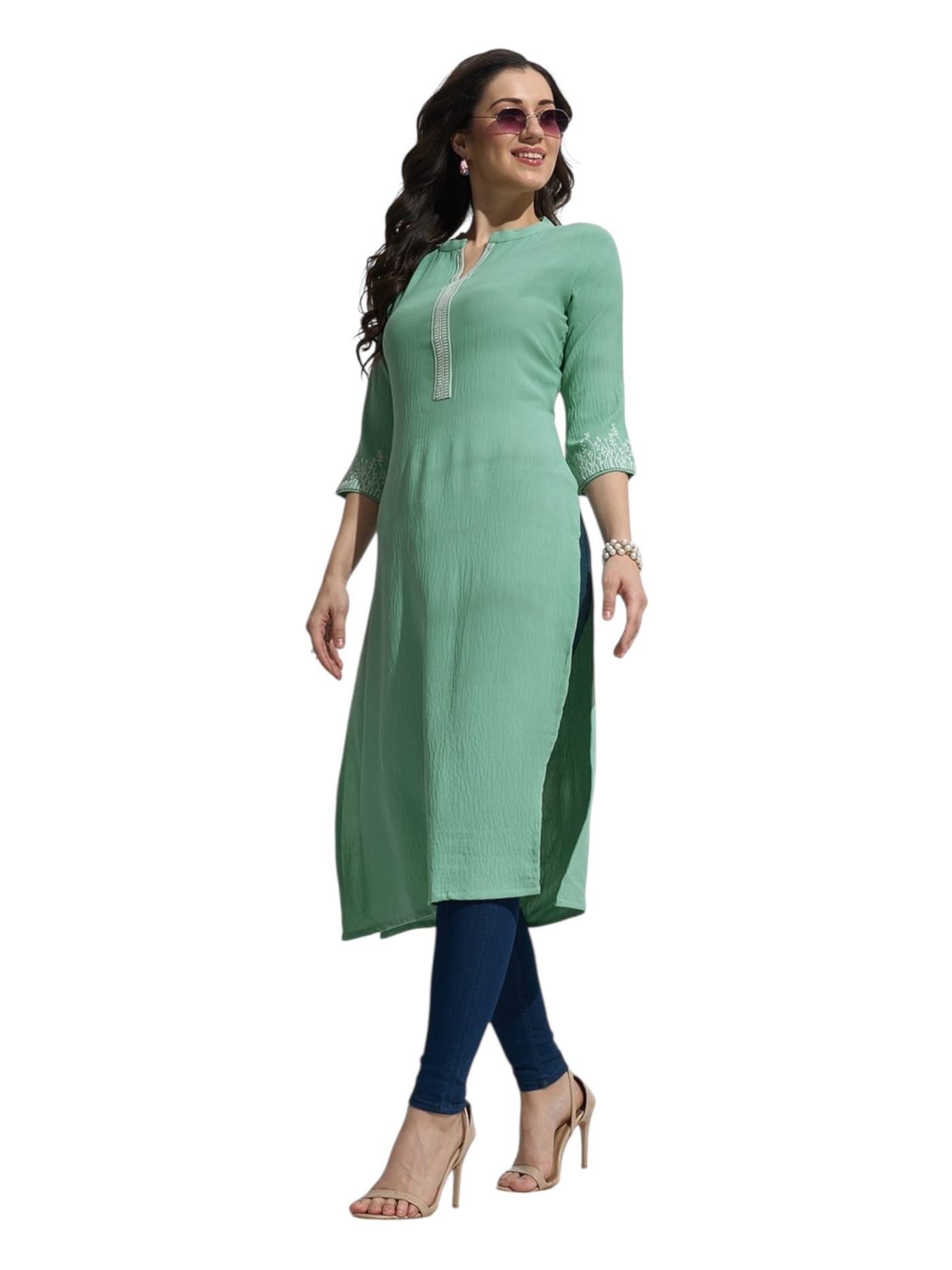 Mint Green Solid Crushed Georgette Kurti with Contrast Embroidered Sleeves