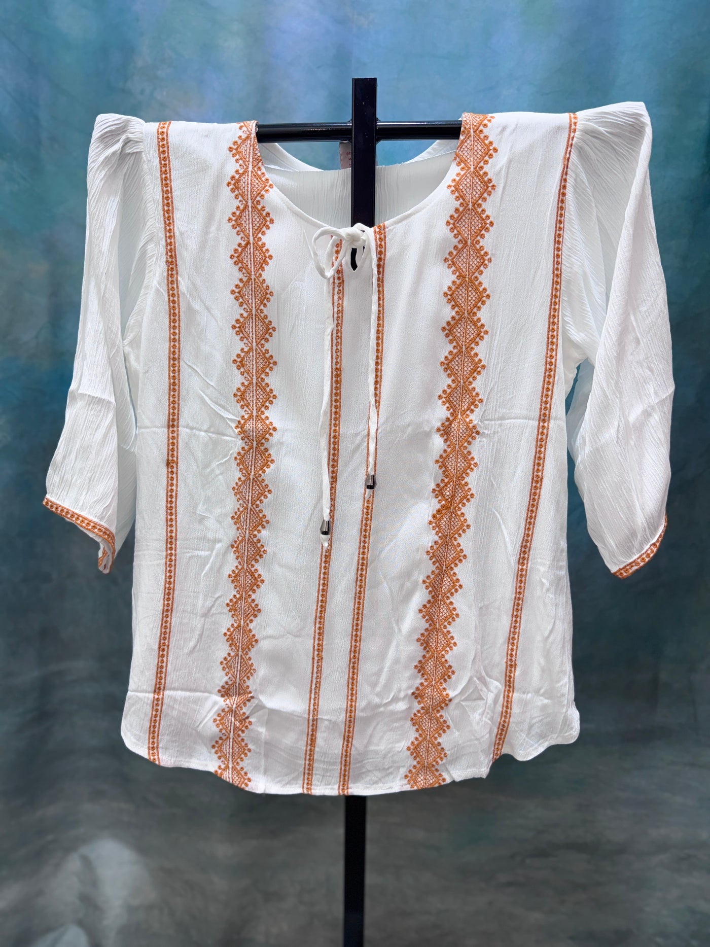 White Cotton Crinkled Kurti with Rust Orange Vertical Embroidery & Tie-Up Neck