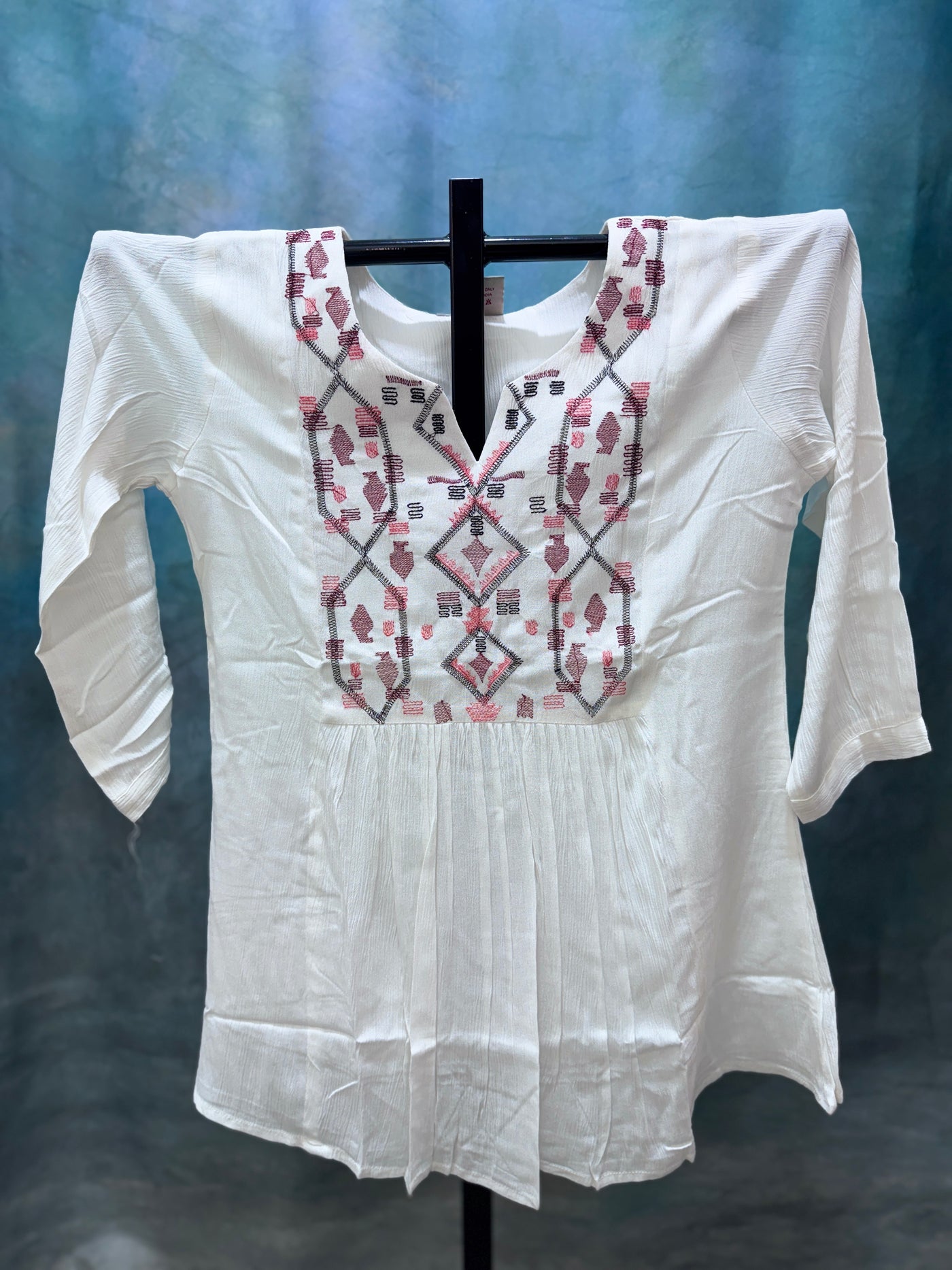 White Cotton Kurti with Geometric Thread Embroidery
