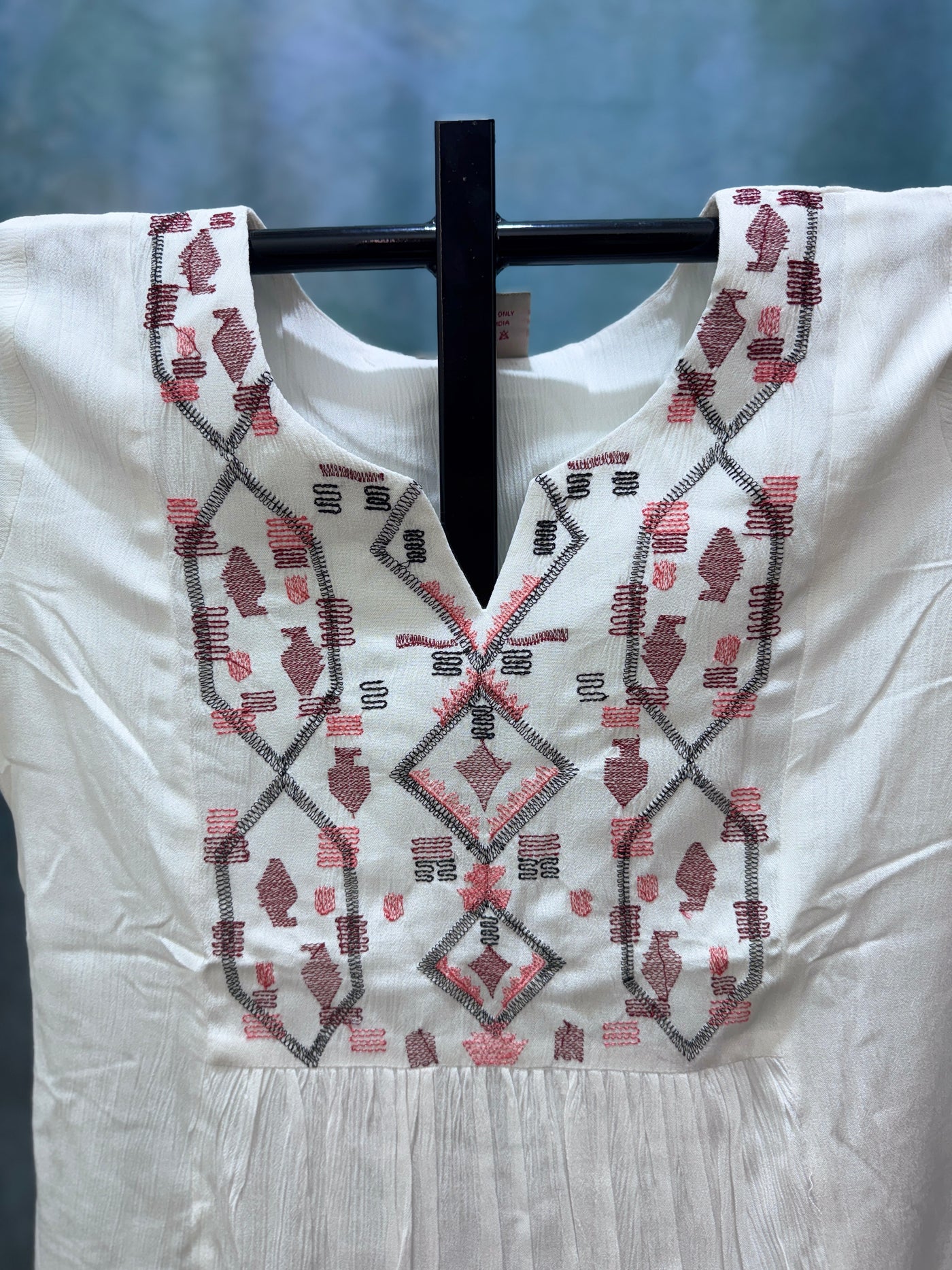White Cotton Kurti with Geometric Thread Embroidery
