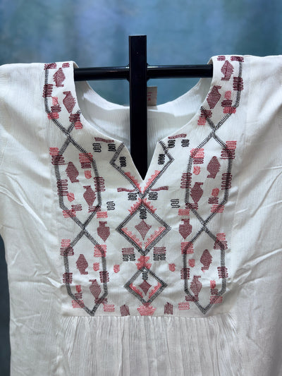 White Cotton Kurti with Geometric Thread Embroidery