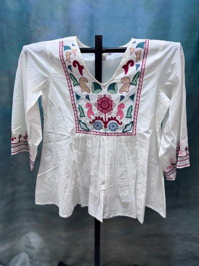 White Cotton Kurti with Multicolor Floral Embroidery
