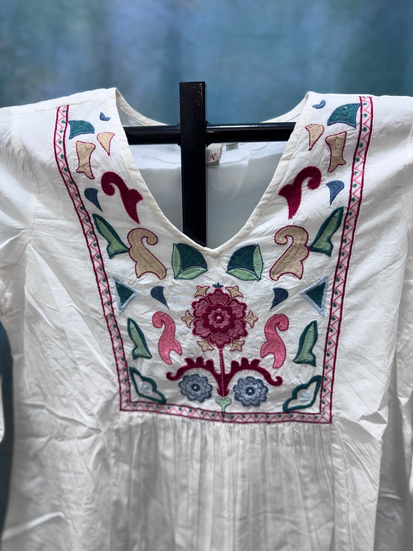 White Cotton Kurti with Multicolor Floral Embroidery