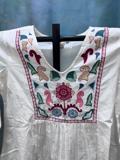 White Cotton Kurti with Multicolor Floral Embroidery