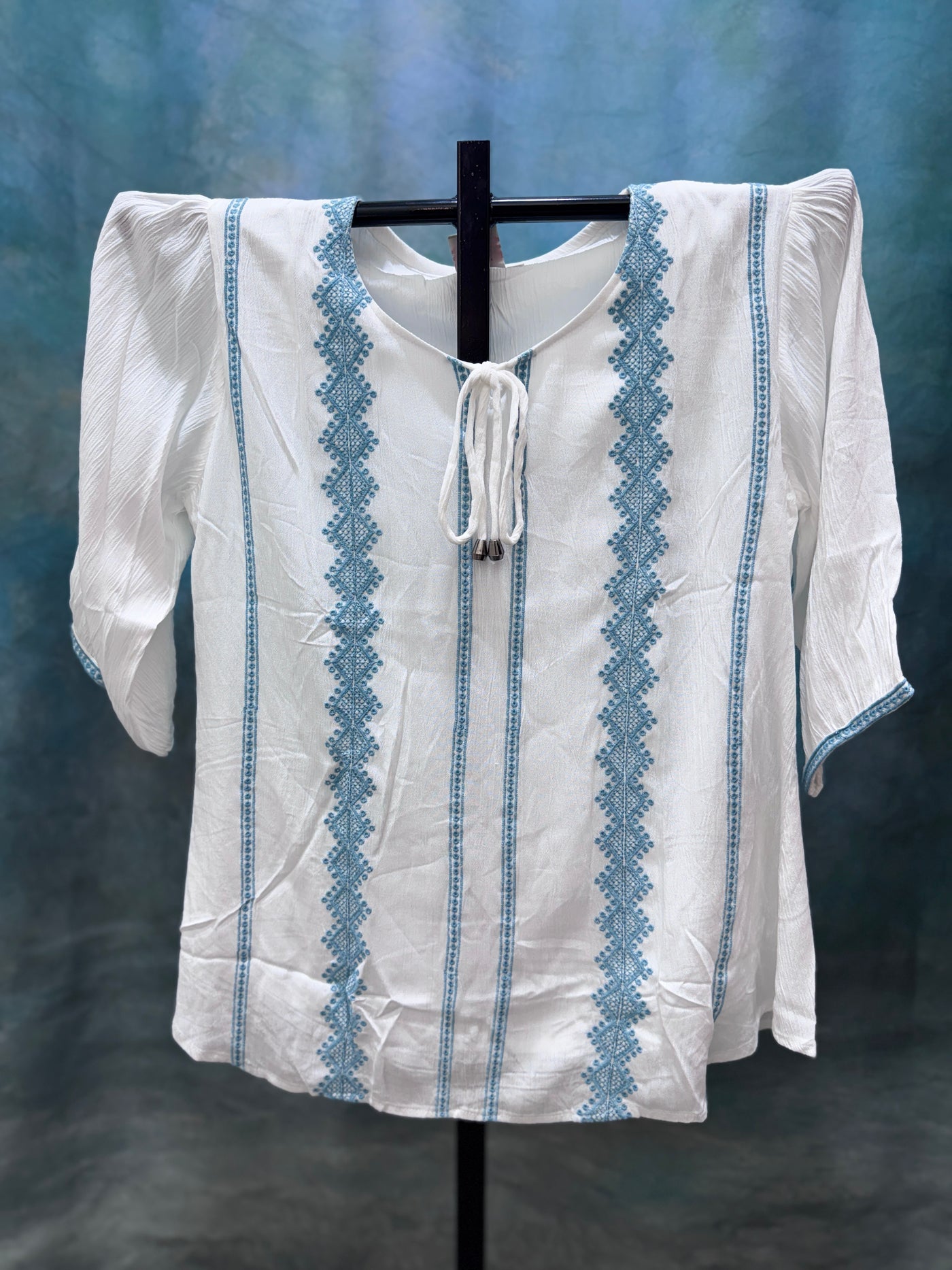 White Crinkled Cotton Kurti with Blue Vertical Embroidery & Tie-Up Neck