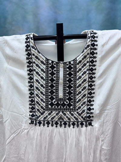 Women's White Cotton Crinkled Kurti with Black Thread Embroidery