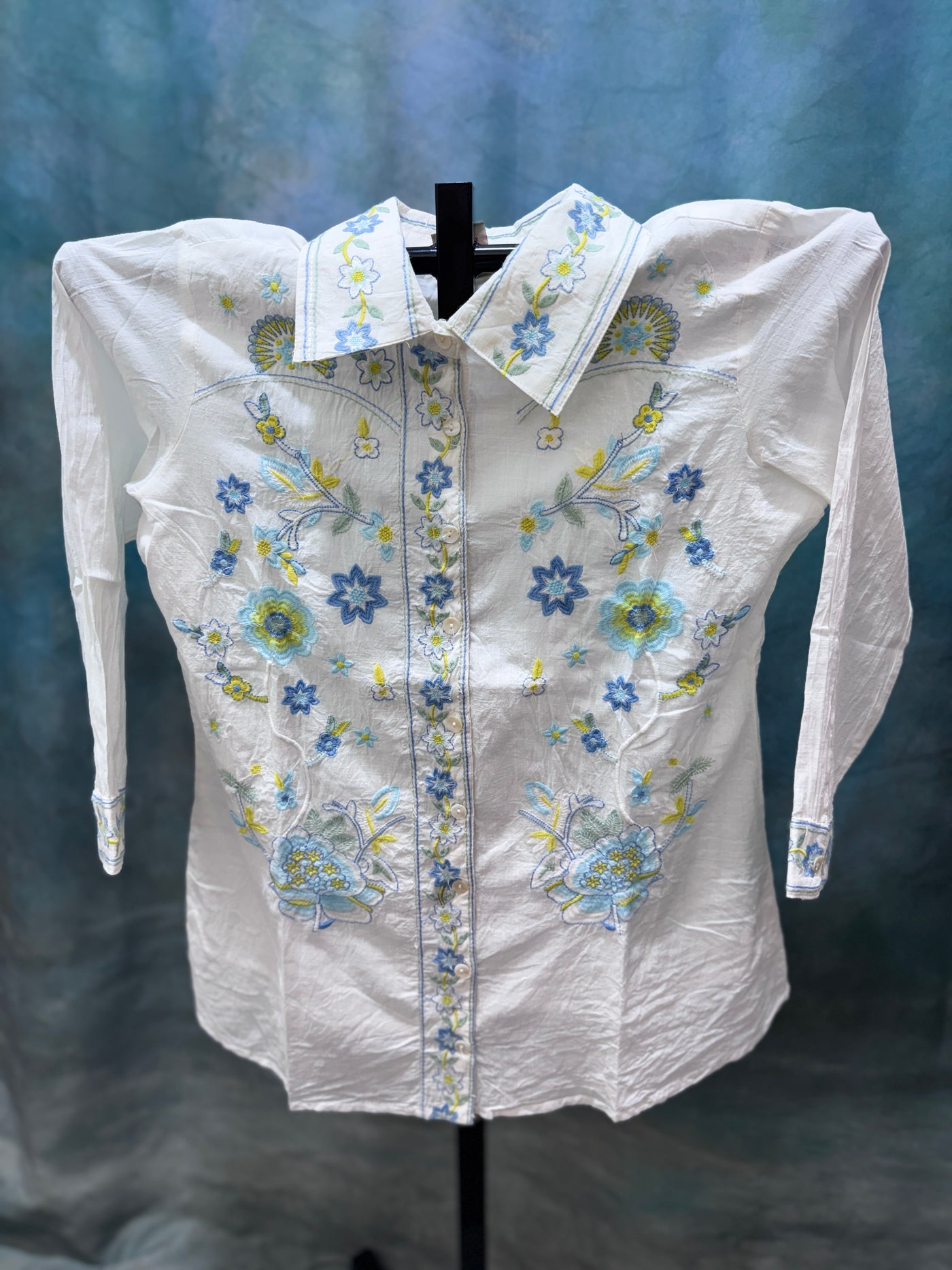 White Cotton Shirt with Blue & Yellow Floral Embroidery