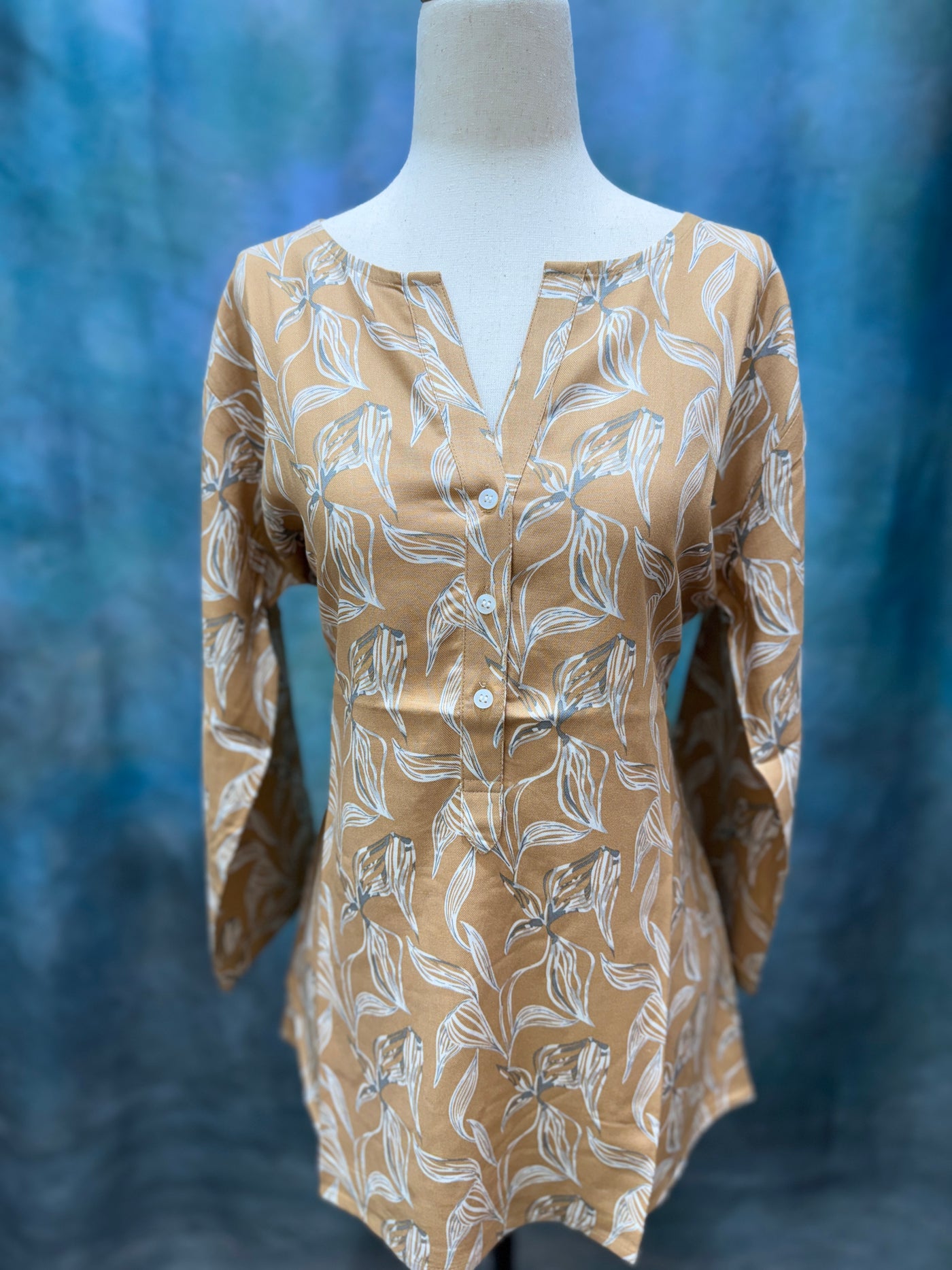 Beige Leaf Print Cotton Kurti