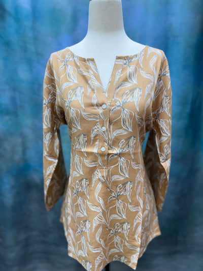 Beige Leaf Print Cotton Kurti
