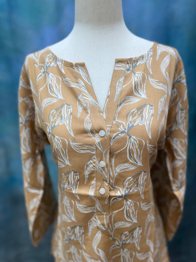 Beige Leaf Print Cotton Kurti