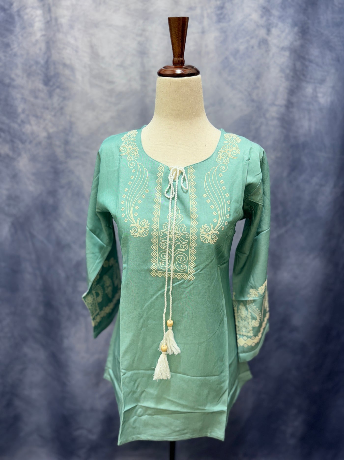 Aqua Green Cotton Kurti with Elegant Hand-Painted Detailing & Tassel Tie