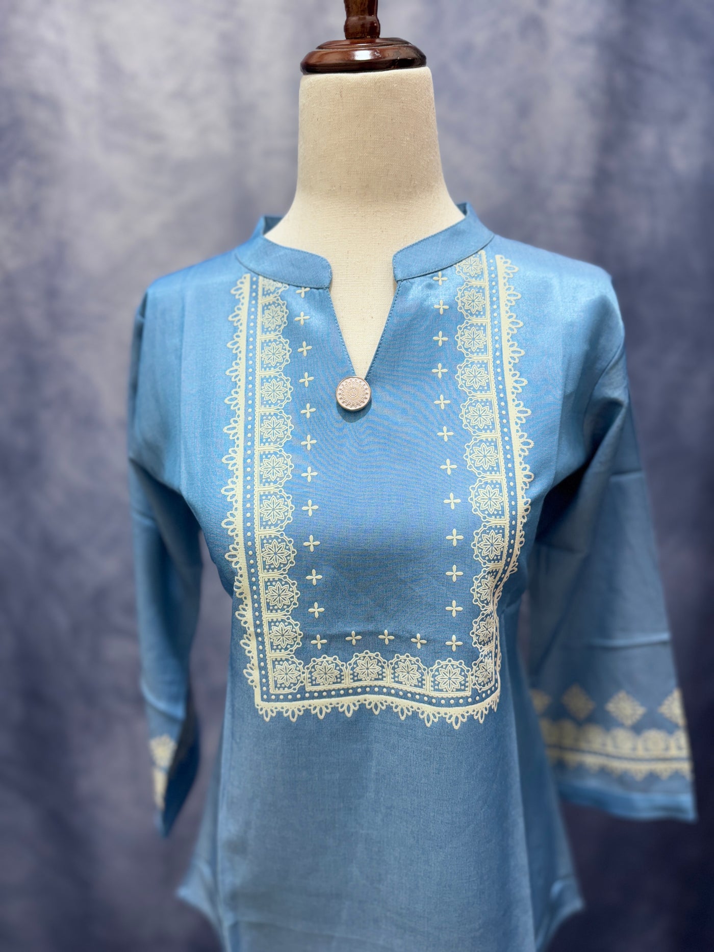 Sky Blue Cotton Kurti with Hand-Painted Detailing