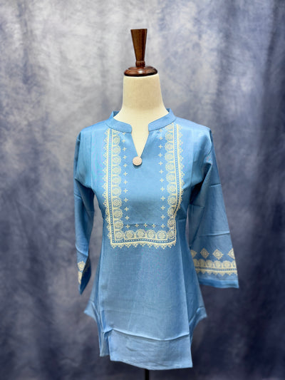 Sky Blue Cotton Kurti with Hand-Painted Detailing