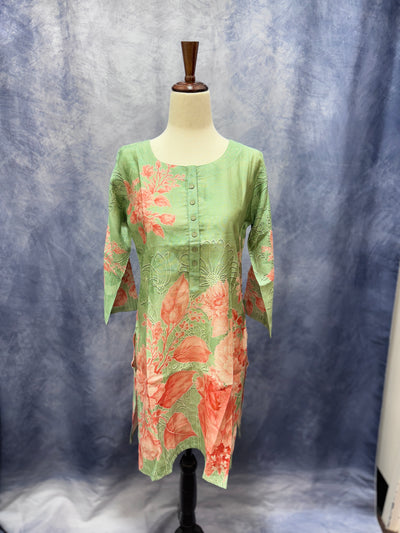 Mint Green Floral Printed Kurti with Thread Embroidery
