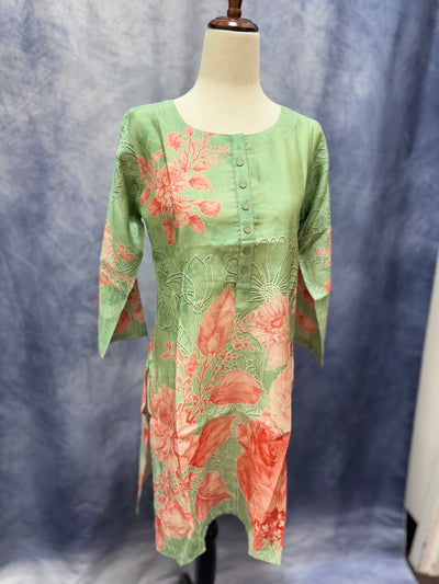Mint Green Floral Printed Kurti with Thread Embroidery