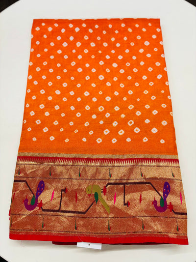 Orange Bandhani Saree with Traditional Paithani Parrot Border and Red Blouse