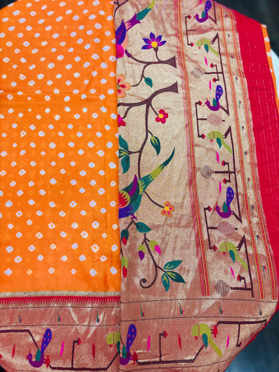 Orange Bandhani Saree with Traditional Paithani Parrot Border and Red Blouse