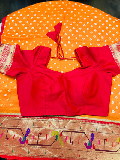 Orange Bandhani Saree with Traditional Paithani Parrot Border and Red Blouse