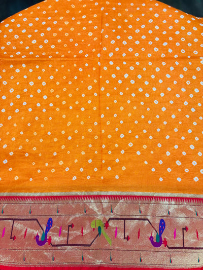 Orange Bandhani Saree with Traditional Paithani Parrot Border and Red Blouse