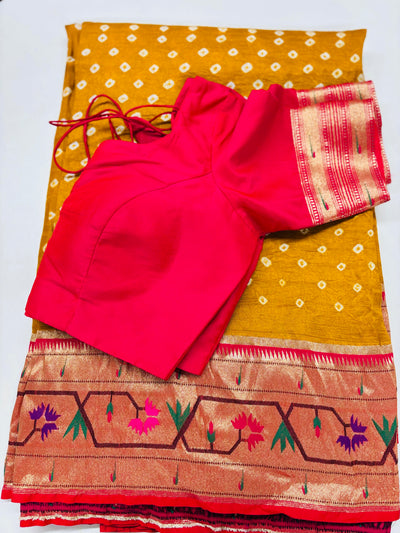 Mustard Bandhani Saree with Rich Paithani Border and Contrast Pink Blouse