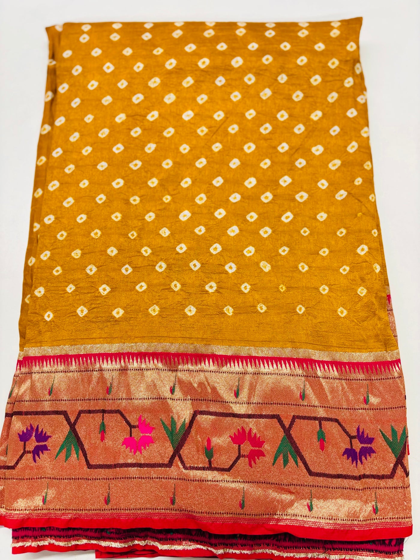 Mustard Bandhani Saree with Rich Paithani Border and Contrast Pink Blouse