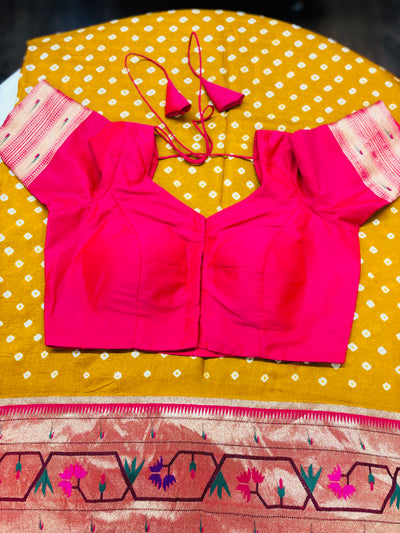 Mustard Bandhani Saree with Rich Paithani Border and Contrast Pink Blouse