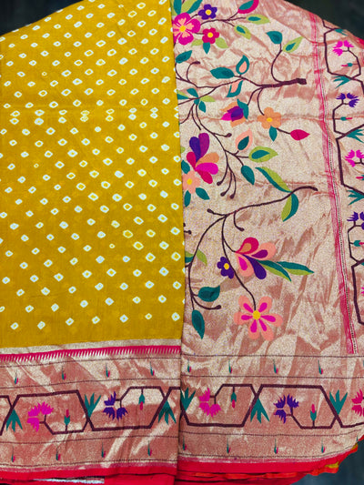 Mustard Bandhani Saree with Rich Paithani Border and Contrast Pink Blouse