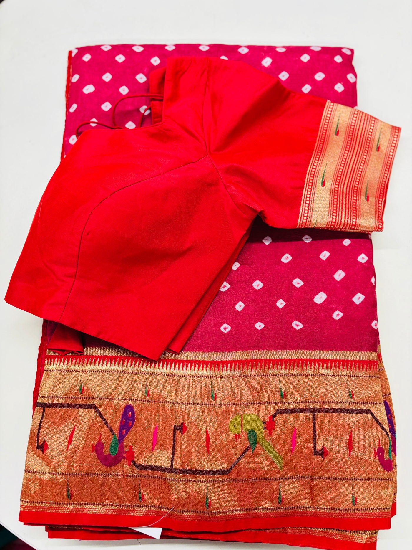 Pink Bandhani Saree with Paithani Parrot Border and Red Blouse