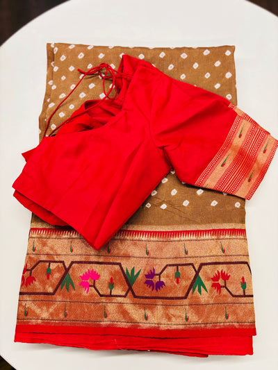 Brown Bandhani Saree with Floral Paithani Zari Border and Red Blouse