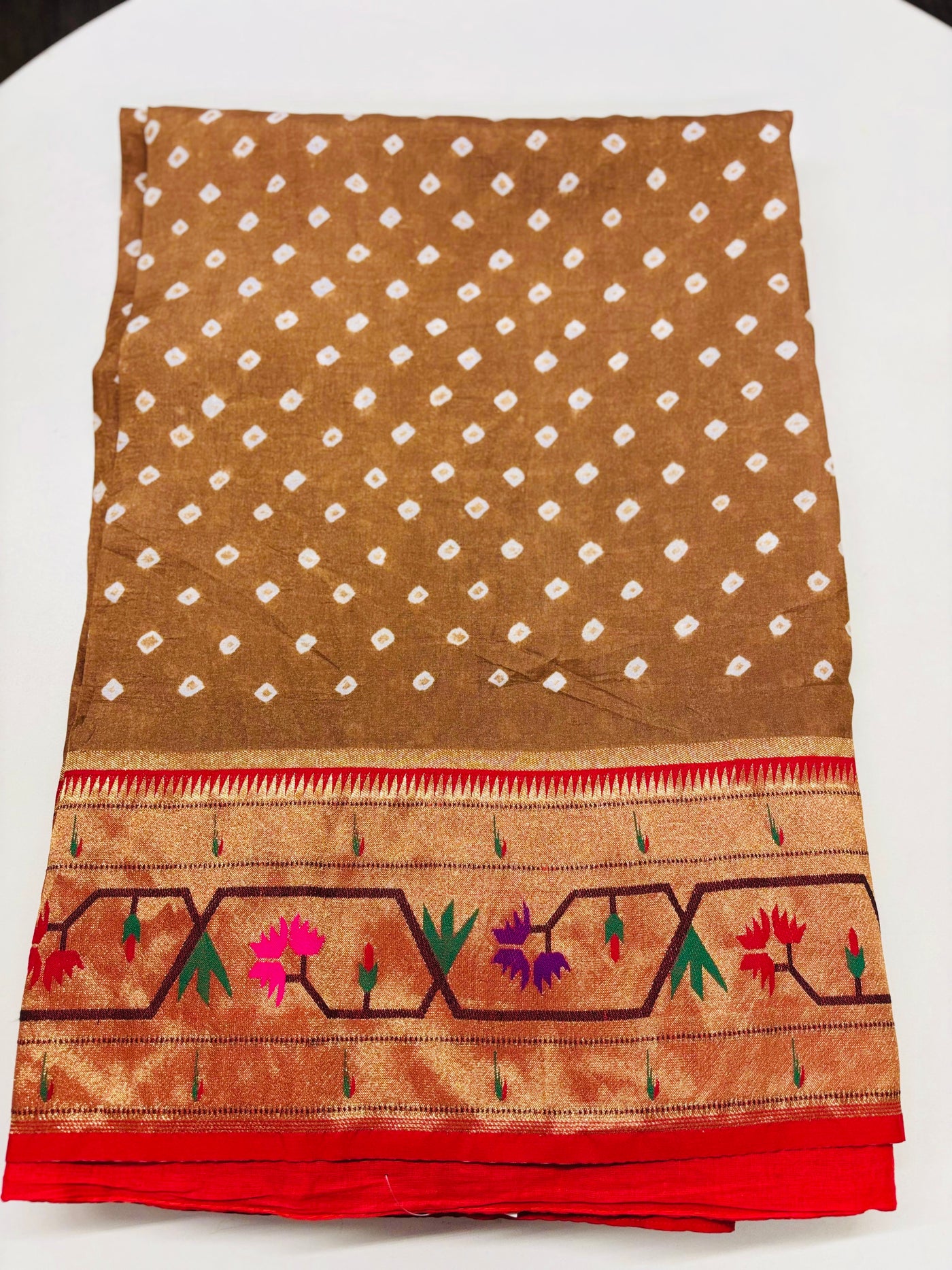 Brown Bandhani Saree with Floral Paithani Zari Border and Red Blouse