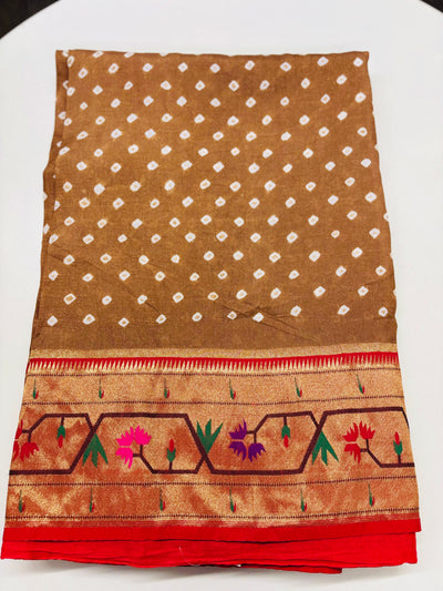 Brown Bandhani Saree with Floral Paithani Zari Border and Red Blouse