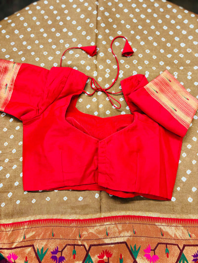 Brown Bandhani Saree with Floral Paithani Zari Border and Red Blouse