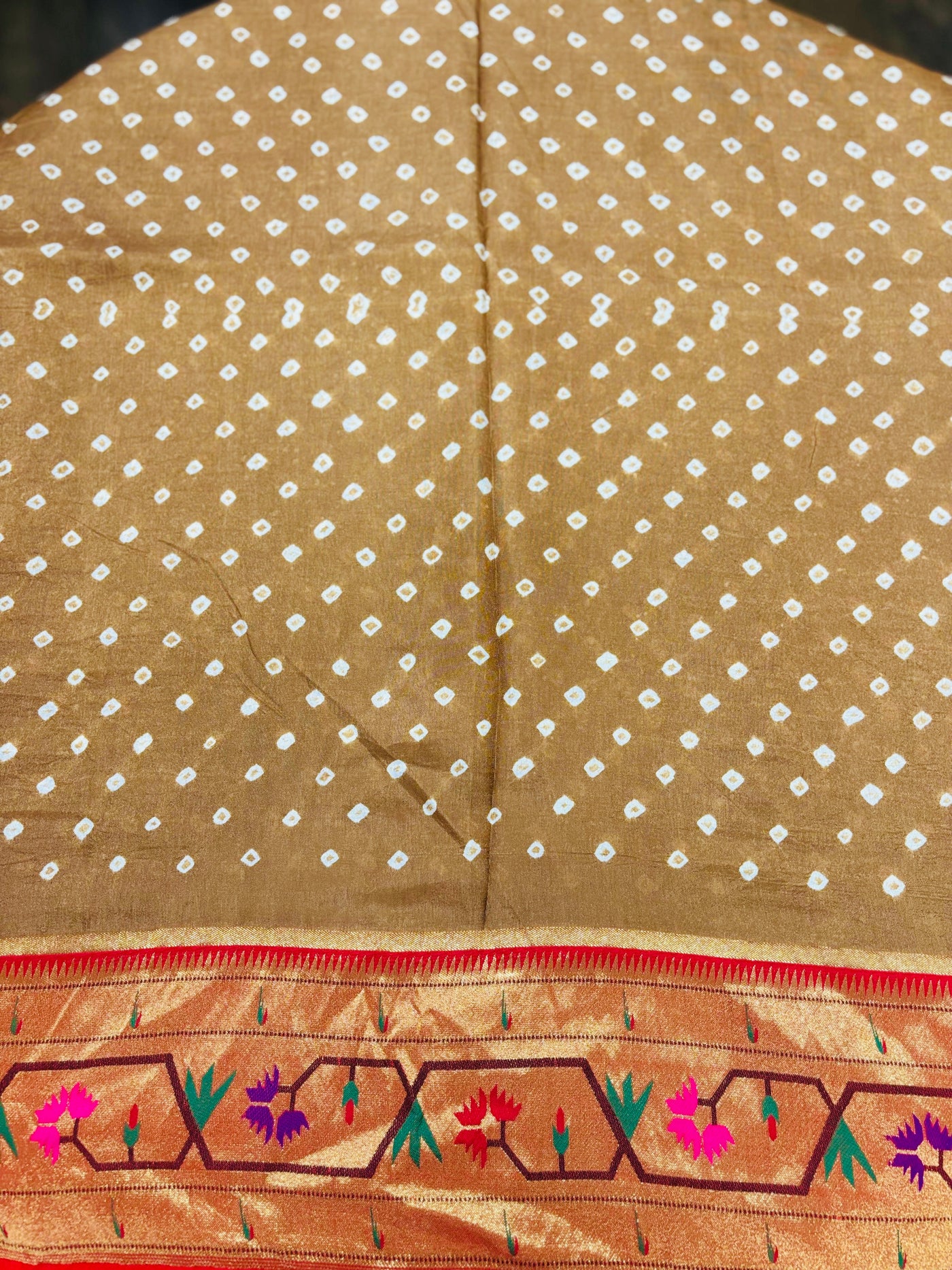 Brown Bandhani Saree with Floral Paithani Zari Border and Red Blouse