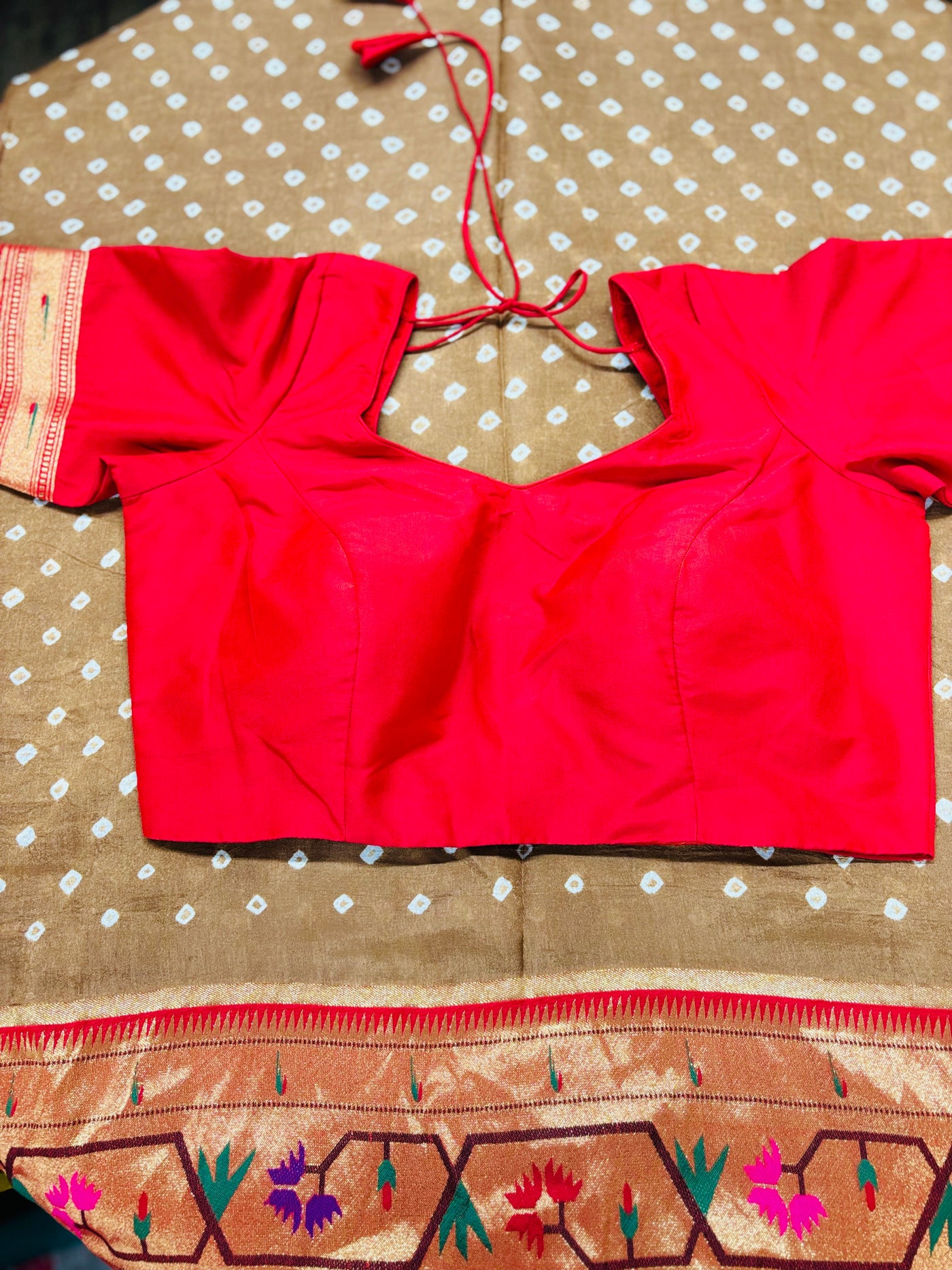 Brown Bandhani Saree with Floral Paithani Zari Border and Red Blouse