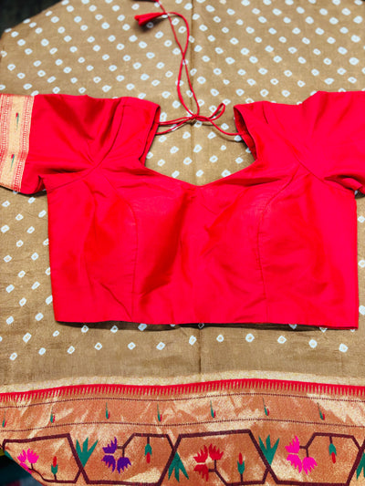 Brown Bandhani Saree with Floral Paithani Zari Border and Red Blouse