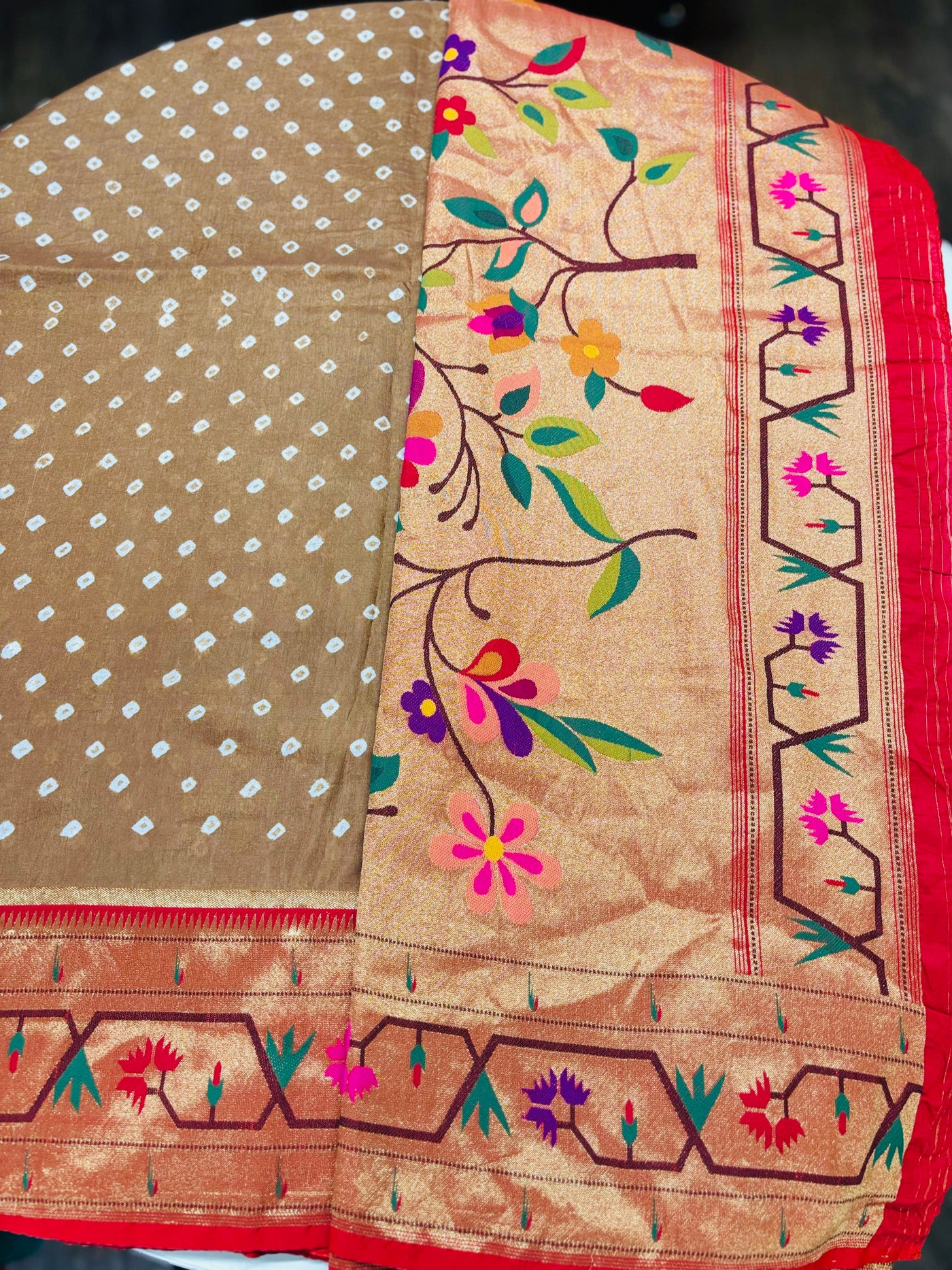 Brown Bandhani Saree with Floral Paithani Zari Border and Red Blouse