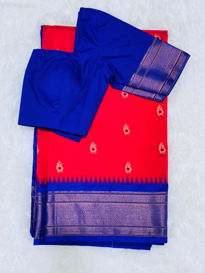 Red Semi Paithani Silk Saree with Royal Blue Blouse and Zari Peacock Pallu