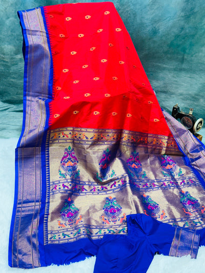 Red Semi Paithani Silk Saree with Royal Blue Blouse and Zari Peacock Pallu
