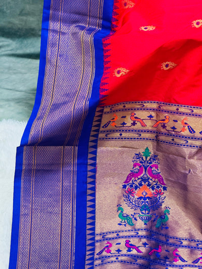 Red Semi Paithani Silk Saree with Royal Blue Blouse and Zari Peacock Pallu