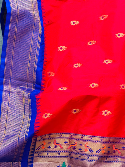 Red Semi Paithani Silk Saree with Royal Blue Blouse and Zari Peacock Pallu