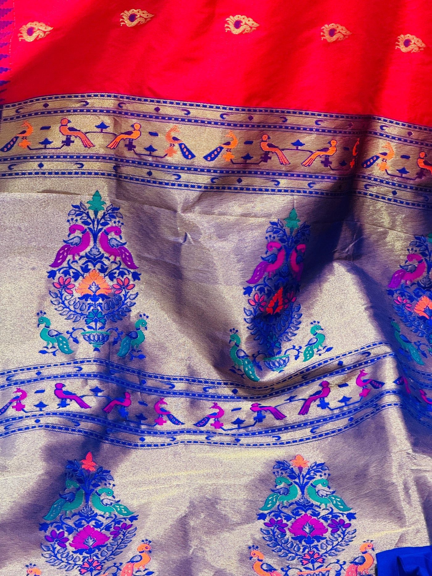 Red Semi Paithani Silk Saree with Royal Blue Blouse and Zari Peacock Pallu