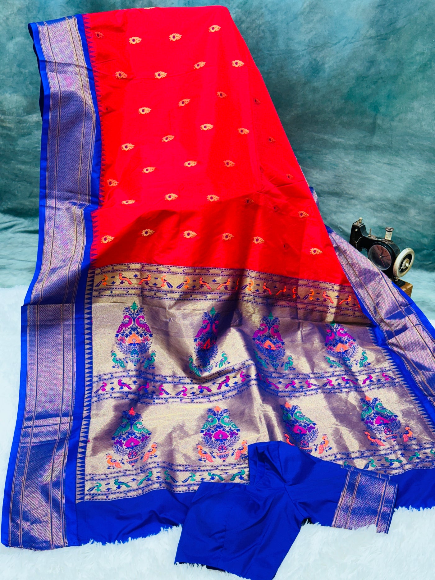 Red Semi Paithani Silk Saree with Royal Blue Blouse and Zari Peacock Pallu