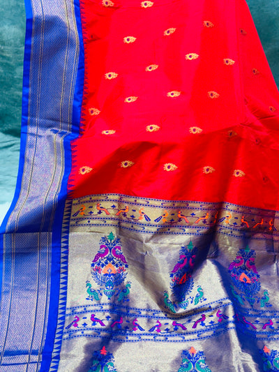 Red Semi Paithani Silk Saree with Royal Blue Blouse and Zari Peacock Pallu