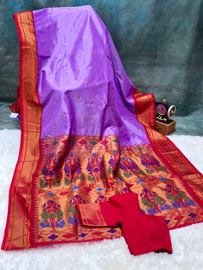 Purple Semi Paithani Silk Saree with Red Blouse and Rich Peacock Zari Pallu