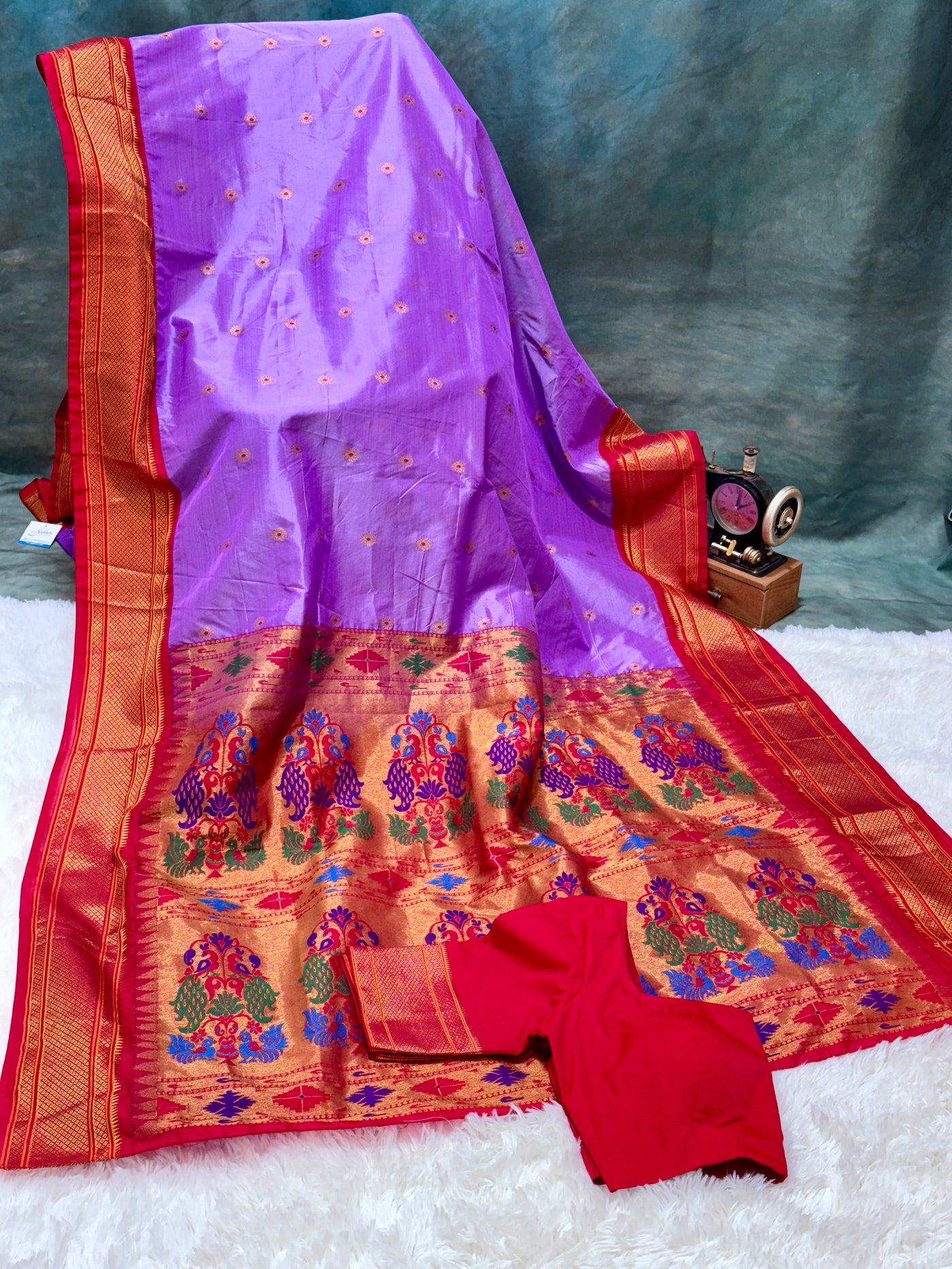 Purple Semi Paithani Silk Saree with Red Blouse and Rich Peacock Zari Pallu