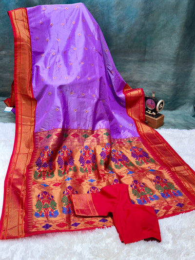 Purple Semi Paithani Silk Saree with Red Blouse and Rich Peacock Zari Pallu