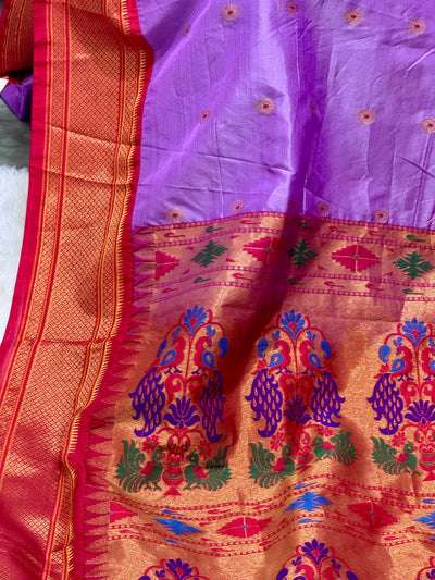 Purple Semi Paithani Silk Saree with Red Blouse and Rich Peacock Zari Pallu